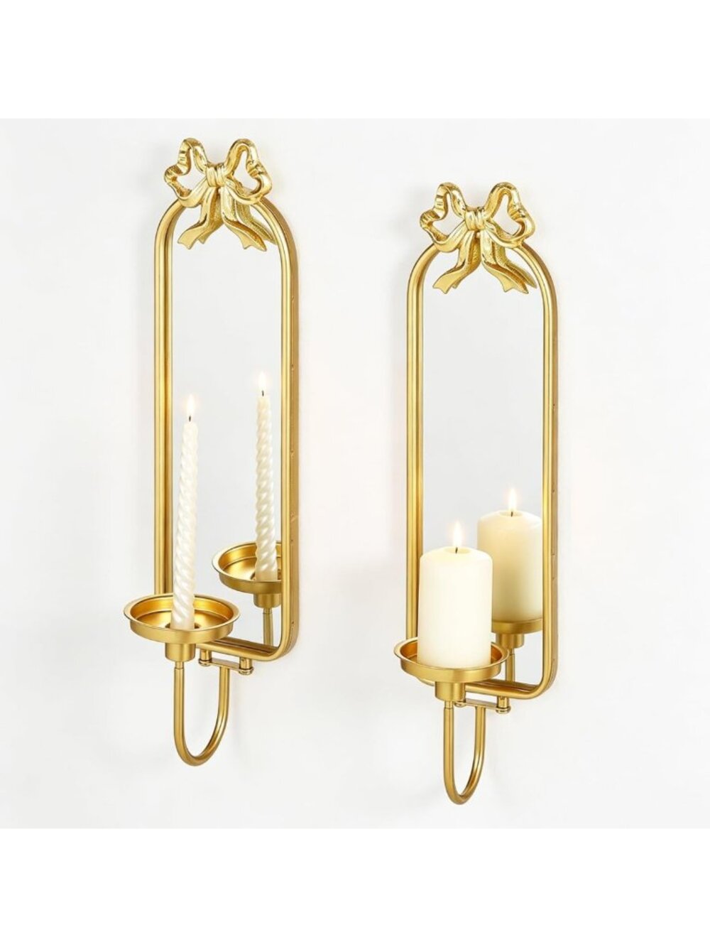 Elegant Gold Bow Wall Candle Sconces Set of 2 - Metal Candle Holders with Mirror